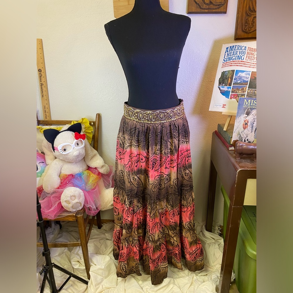 Vintage Metro 7 Hippie Skirt 16 Missy Aline Cottagecore Boho Pink Brown Paisley